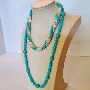Vtg Avon Art Deco Beaded Necklaces Blue Lucite Invisible Clasp Retro Set
